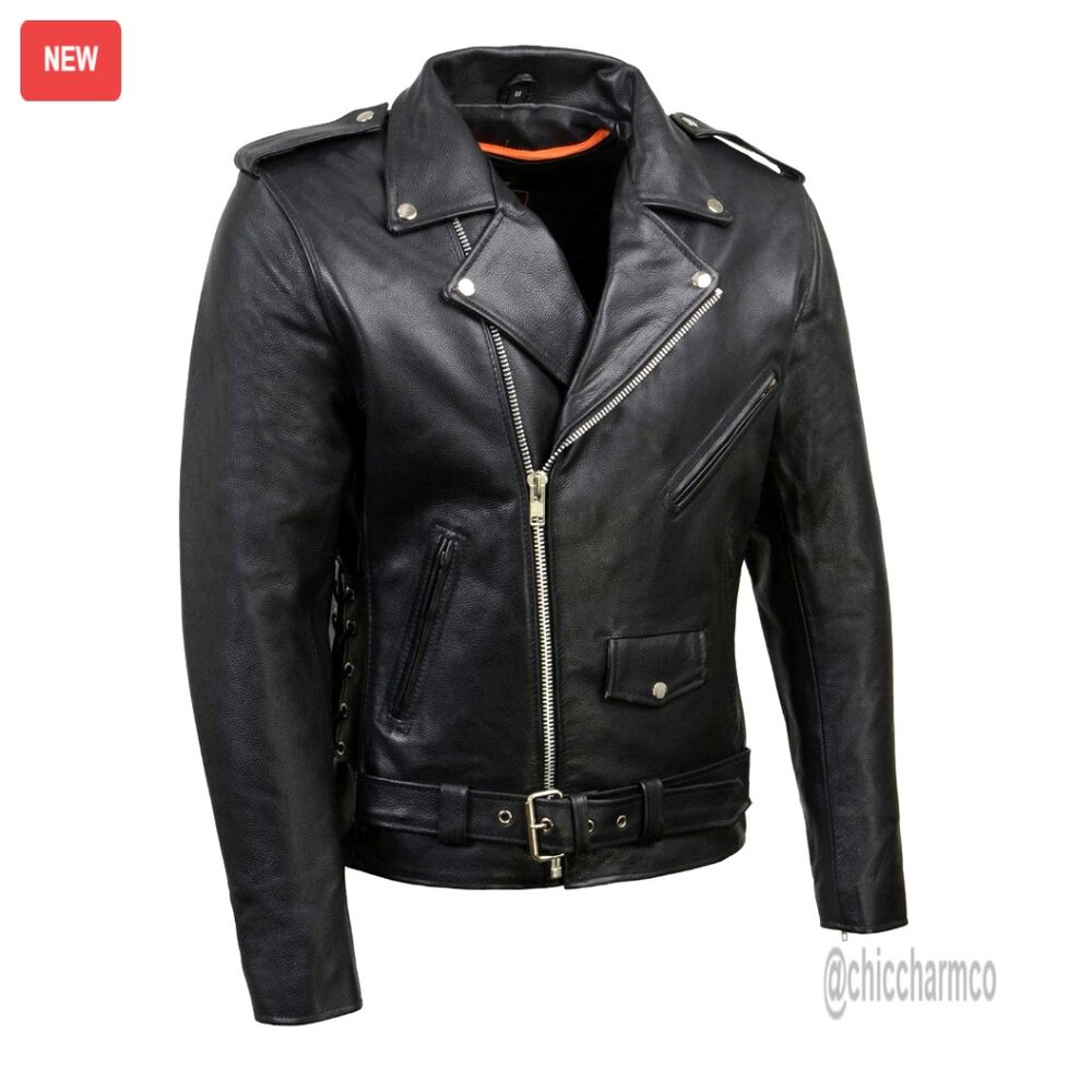 Men's Premium Leather Motorcycle Jacket With Removable Liner And Side Laces